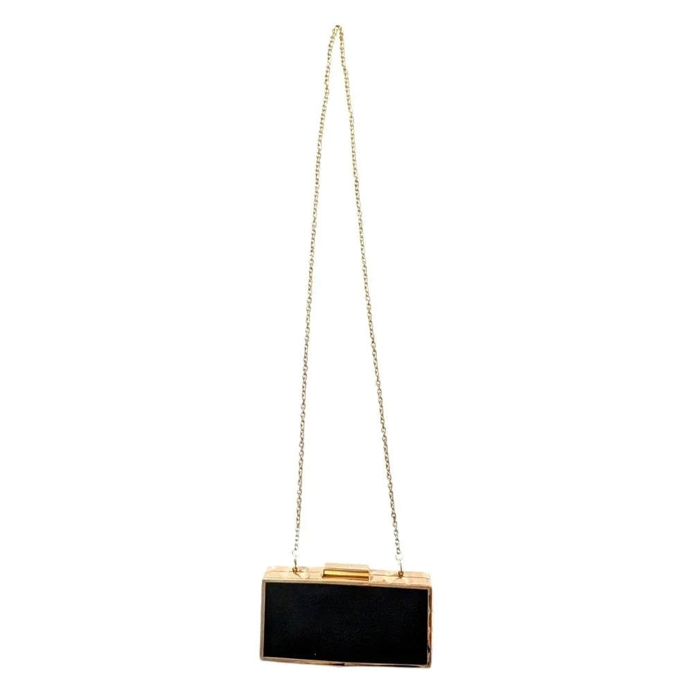 Kate Landry Gold Studded Box Clutch Black Convertible‎ Crossbody Removable Chain